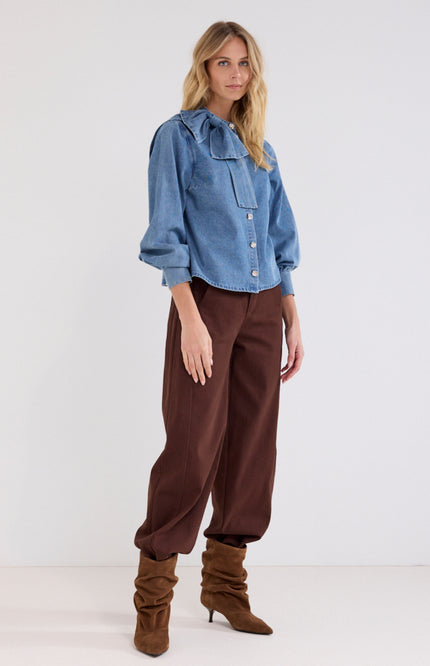 Blouse Denim Bow Detail Mid Blue Denim C26-21-301