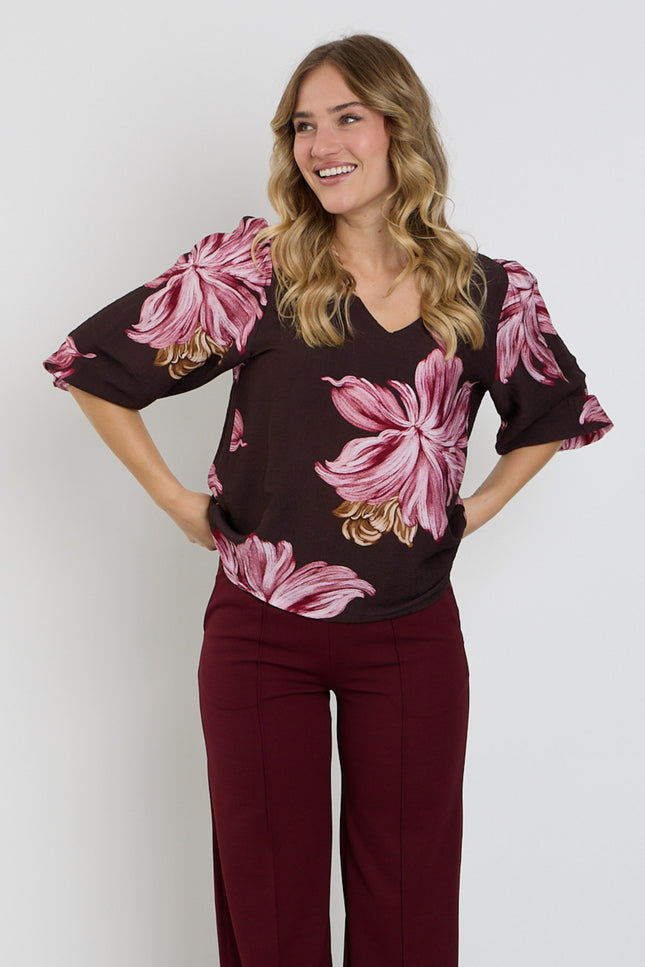 Blouse V-hals Bloemprint Bruin 127689