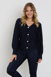 Donkerblauwe fluffy V-hals vest voor dames van Enjoy, zachte textuur en comfortabel model, close-up van de stof en pasvorm