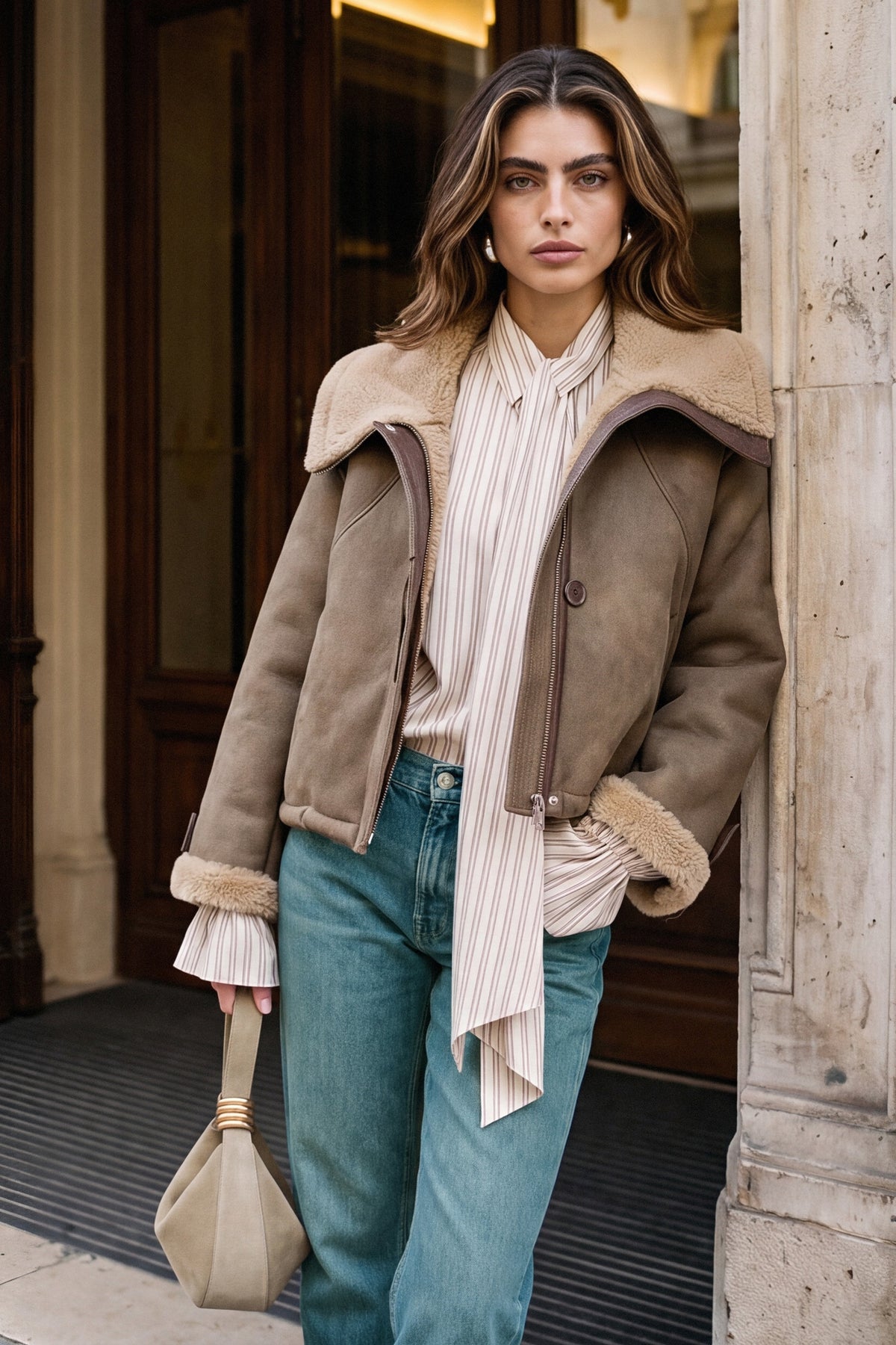 Ibana Jesmay jas in bruin-groen met capuchon en ritssluiting, casual winterjack voor dames.