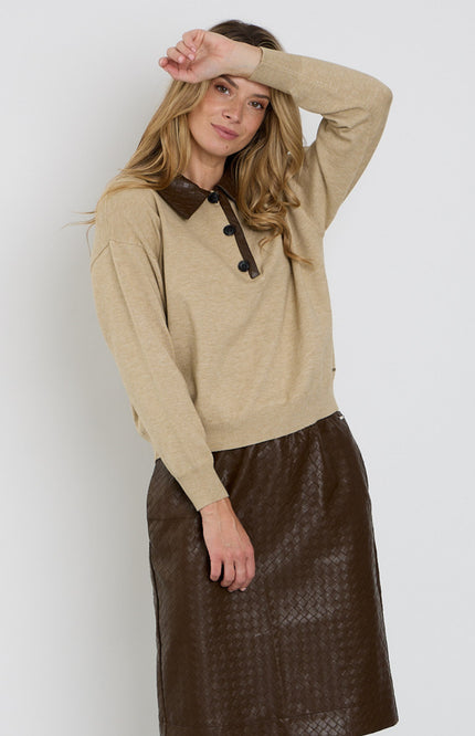 Trui Vegan Leather Woven Texture Collar Sand 202901