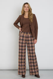 Mi Piace zware reisbroek met ruitprint, winterpaarse kleur, comfortabel en stijlvol voor reizen en casual dragen.