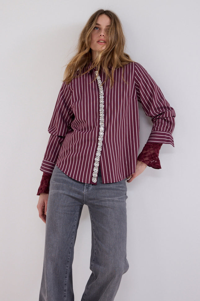 Blouse Striped Strass Placket Pomegranate C51-21-302