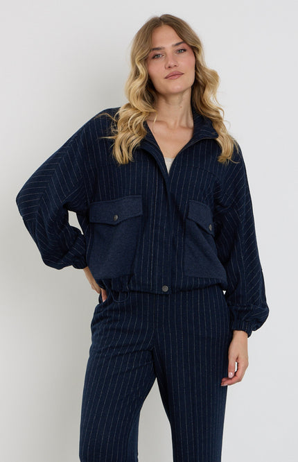 Jacket Met Krijtstreep & Zakjes Dark Blue D402L