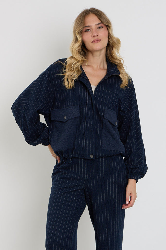Jacket Met Krijtstreep & Zakjes Dark Blue D402L