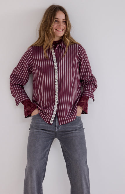 Blouse Striped Strass Placket Pomegranate C51-21-302
