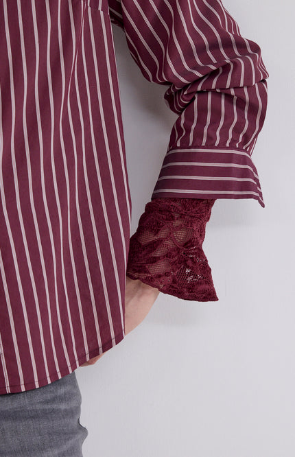 Blouse Striped Strass Placket Pomegranate C51-21-302