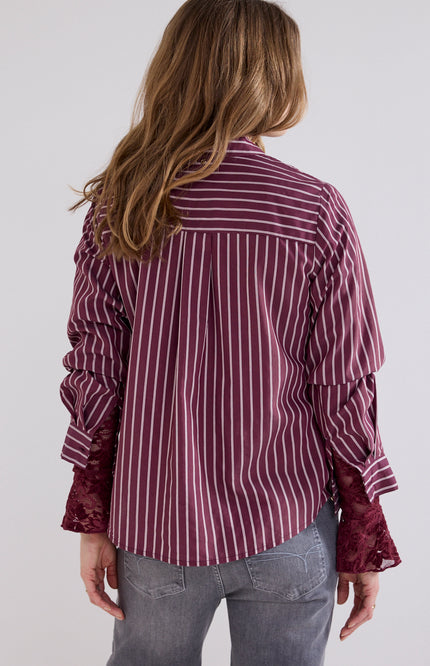 Blouse Striped Strass Placket Pomegranate C51-21-302