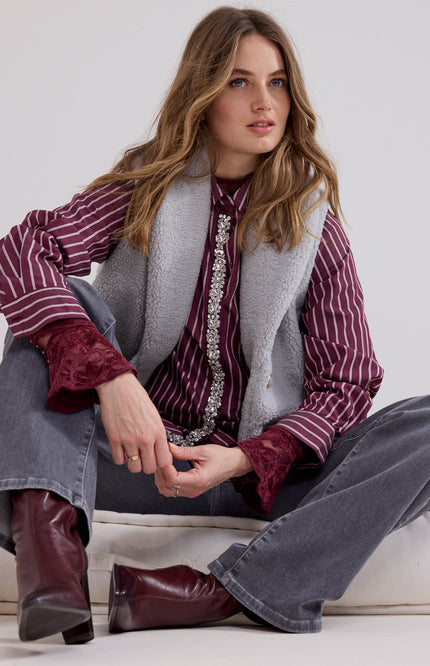 Blouse Striped Strass Placket Pomegranate C51-21-302