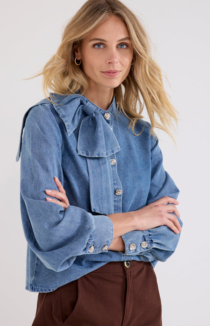 Blouse Denim Bow Detail Mid Blue Denim C26-21-301