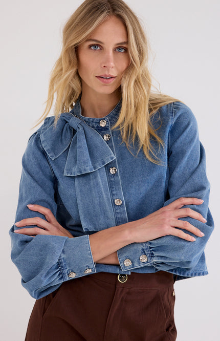 Blouse Denim Bow Detail Mid Blue Denim C26-21-301