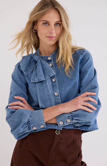Blouse Denim Bow Detail Mid Blue Denim C26-21-301