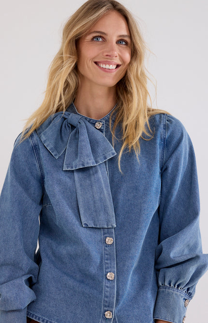 Blouse Denim Bow Detail Mid Blue Denim C26-21-301