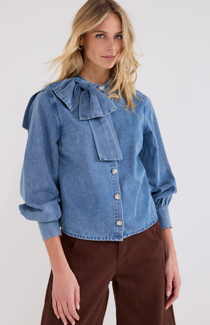 Blouse Denim Bow Detail Mid Blue Denim C26-21-301