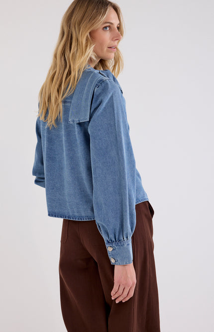 Blouse Denim Bow Detail Mid Blue Denim C26-21-301