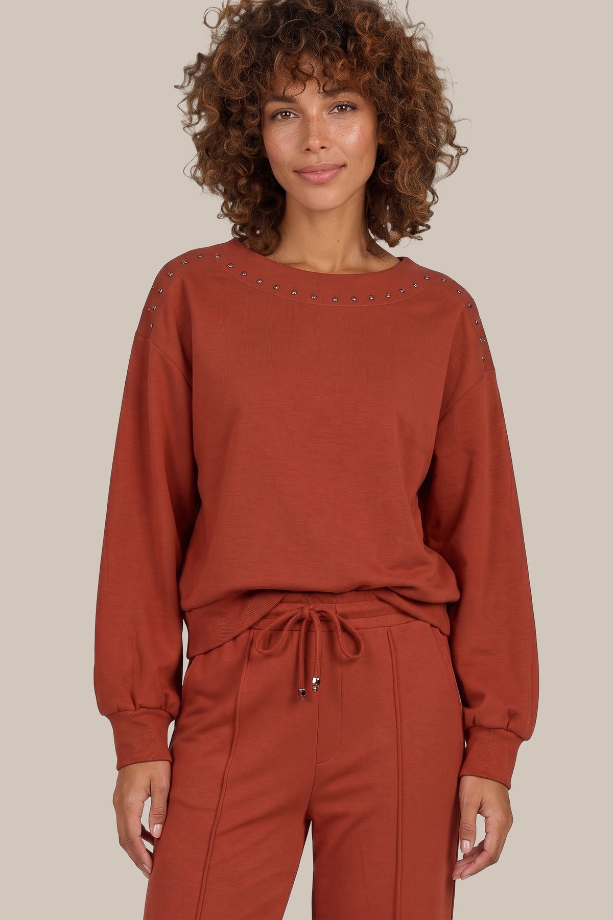 G-maxx Aoife gebreide sweater in Burnt Henna kleur, zachte en comfortabele damestrui met kabelpatroon op de afbeelding