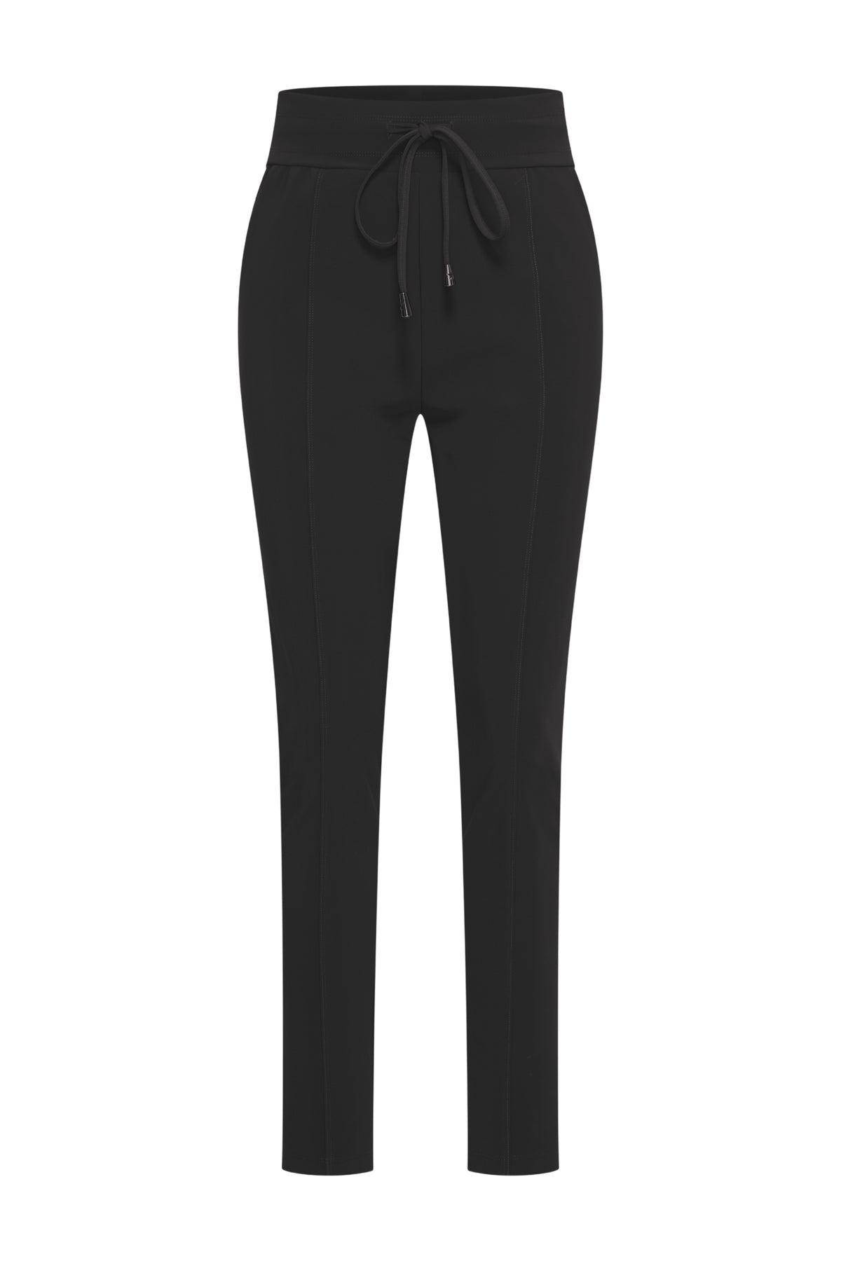 Mi Piace bonded reisbroek in zwart, stevige stof, met elastische tailleband en moderne pasvorm, perfect voor comfortabele reizen.