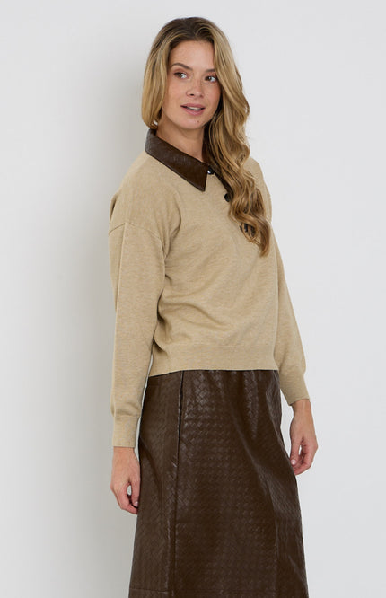 Trui Vegan Leather Woven Texture Collar Sand 202901