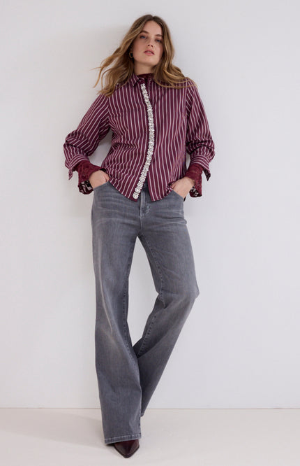 Blouse Striped Strass Placket Pomegranate C51-21-302
