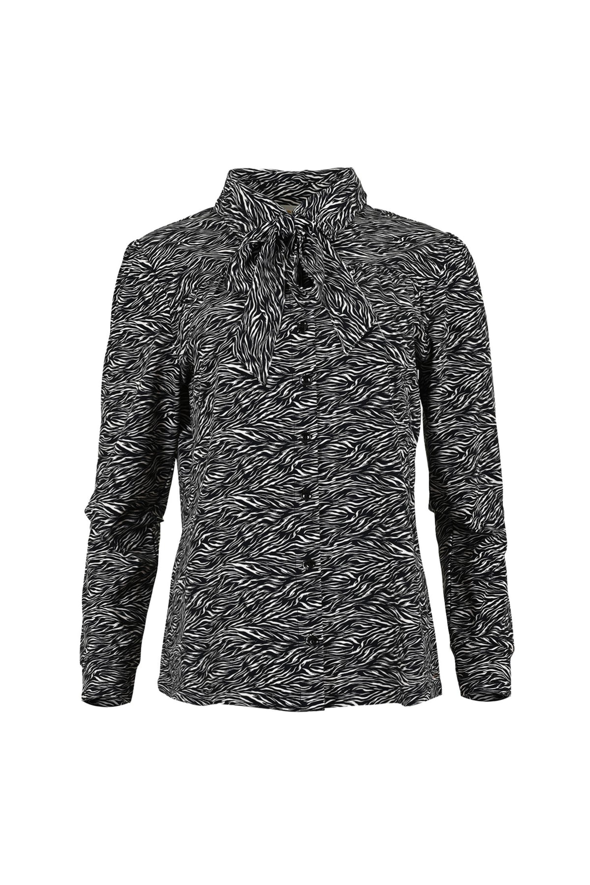 Zwarte en offwhite travel blouse Raia Scratch van Maicazz & Zizo, met stijlvolle, losse pasvorm en modieuze details