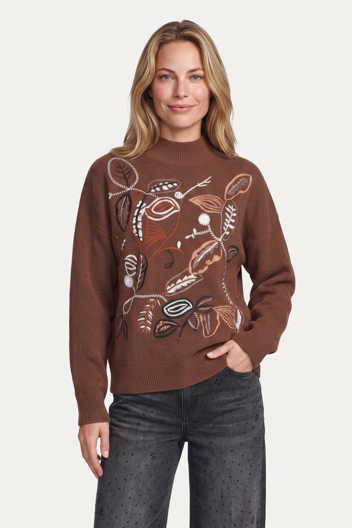G-maxx Poet Knit top in cappuccino, zachte gebreide damesblouse met ronde hals en lange mouwen, casual en comfortabel draagstuk