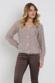 Taupe fluffy V-hals vest van Enjoy, zachte en warme damesvest met V-hals en comfortabele pasvorm.