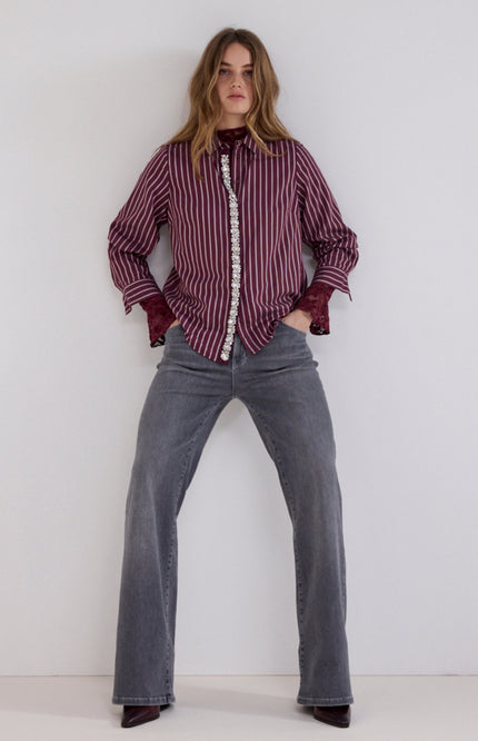 Blouse Striped Strass Placket Pomegranate C51-21-302