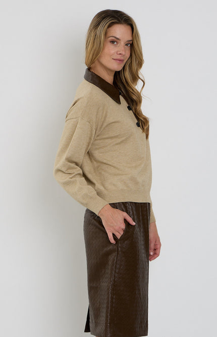 Trui Vegan Leather Woven Texture Collar Sand 202901