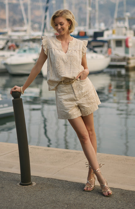 Nukus Short Dagmar Embroidery Sand NKS09052 Stretchshop.nl