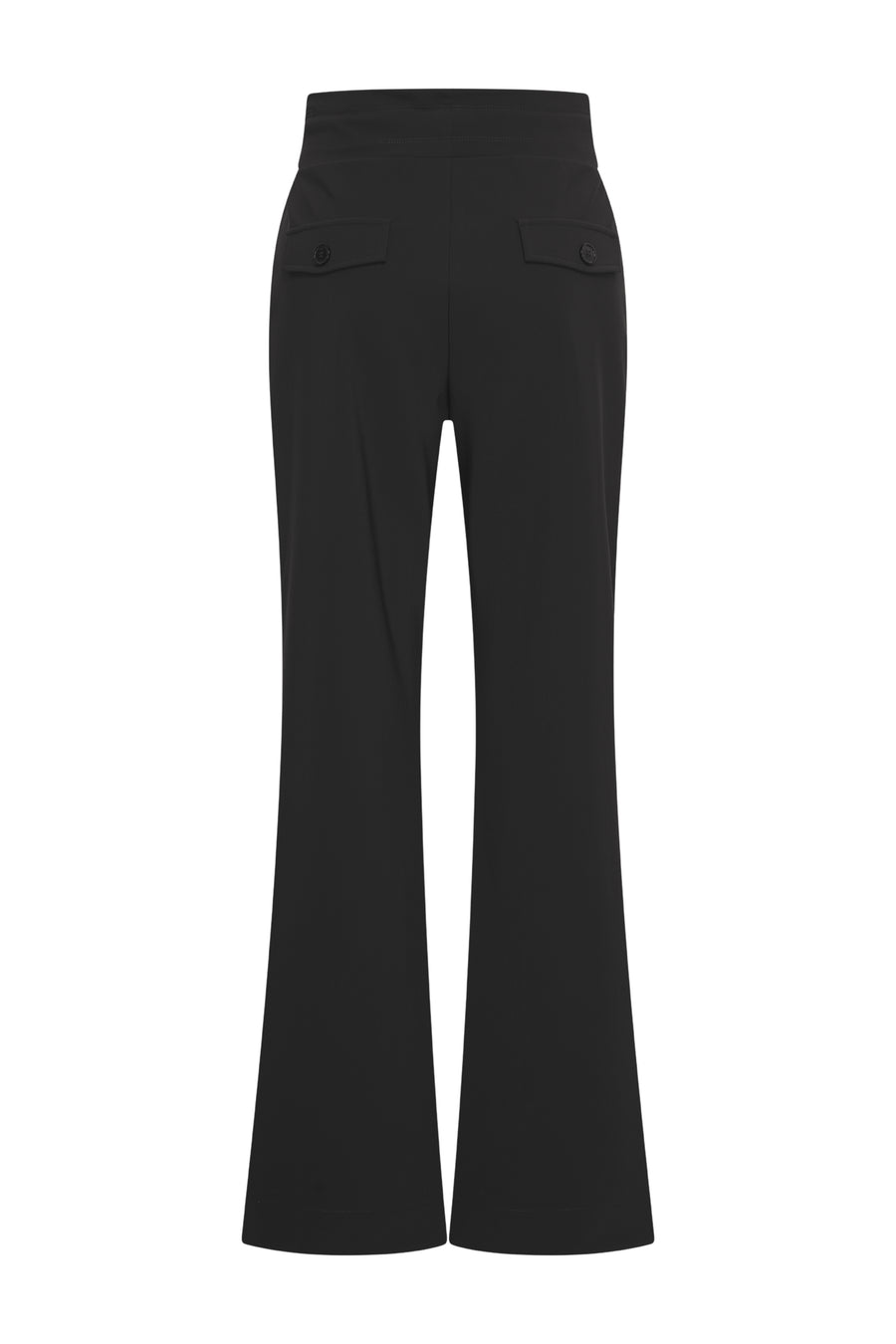 Mi Piace bonded travel broek flared zwart, comfortabele zwarte reisbroek met wijde pijpen en elastische taille, stijlvolle pasvorm