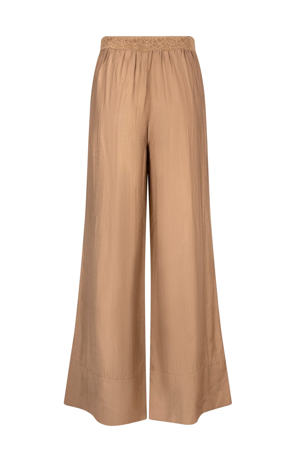 Nukus Merel camel broek met rechte snit en elastische taille, geschikt voor casual en comfortabele stijl.