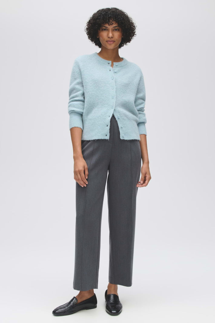 Opus Mozy Mod anthracietkleurige broek met elastische taille en rechte pijpen, casual en comfortabel voor dagelijks gebruik.