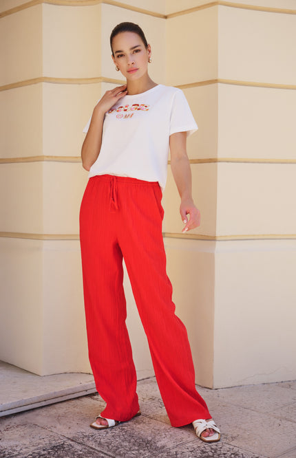 EsQualo Broek Fancy Crinkle Red HS26.10235 Stretchshop.nl