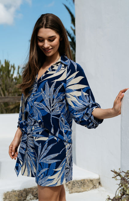 &Co woman Blouse Marijke Leaf B-Blue Multi BL445 Stretchshop.nl