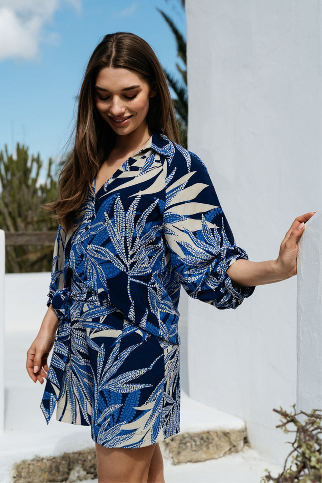 &Co woman Blouse Marijke Leaf B-Blue Multi BL445 Stretchshop.nl