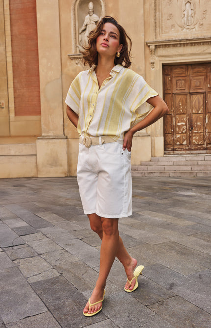 EsQualo Blouse Short Striped Linen Offwhite Lemon HS26.28216 Stretchshop.nl