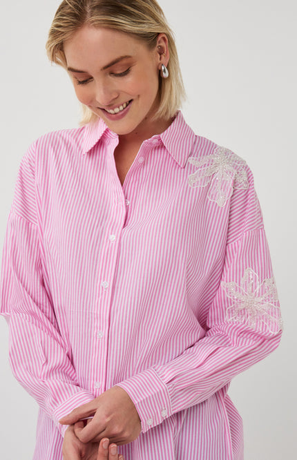 EsQualo Blouse Striped Flower Patch White Pink SP26.14028 Stretchshop.nl