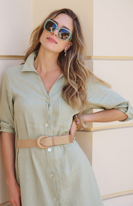 EsQualo Jurk Maxi Belt Linen Soft Green HS26.28228 Stretchshop.nl