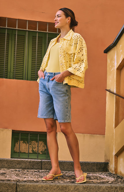 EsQualo Top Satin Binding Rib Knit Lemon HS26.30208 Stretchshop.nl