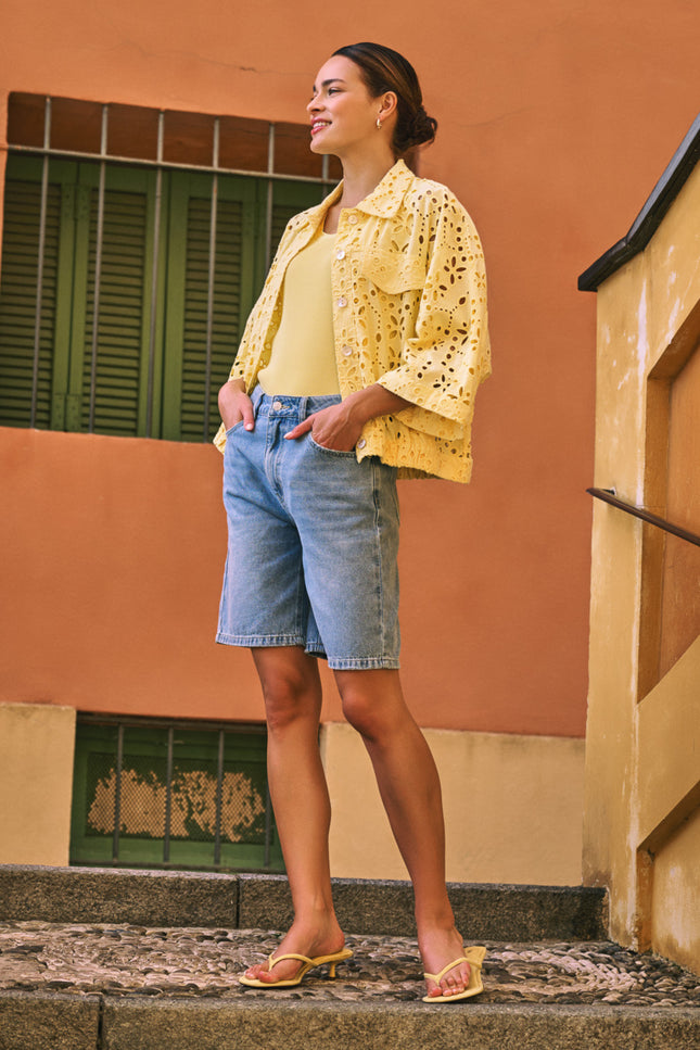 EsQualo Top Satin Binding Rib Knit Lemon HS26.30208 Stretchshop.nl