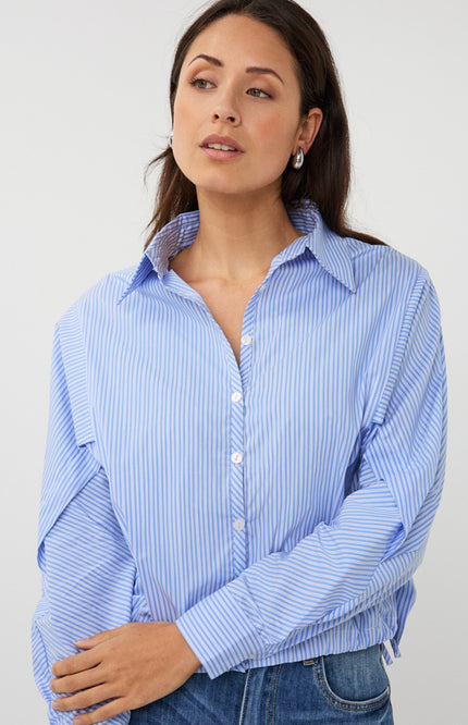 EsQualo Blouse Striped Cropped Batwing Blue White SP26.28002 Stretchshop.nl