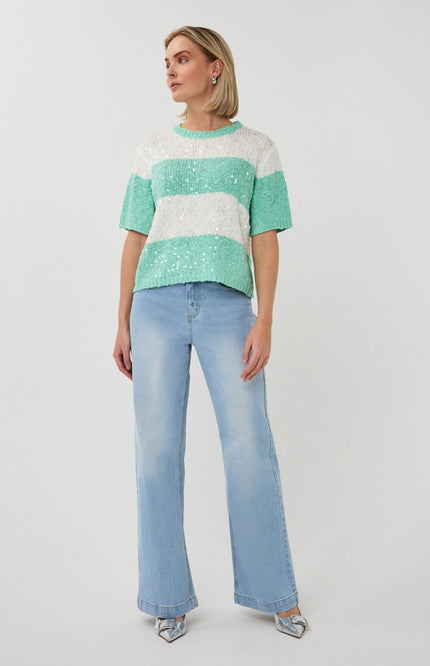 EsQualo Sweater Striped Sequins Offwhite Mint SP26.02007 Stretchshop.nl