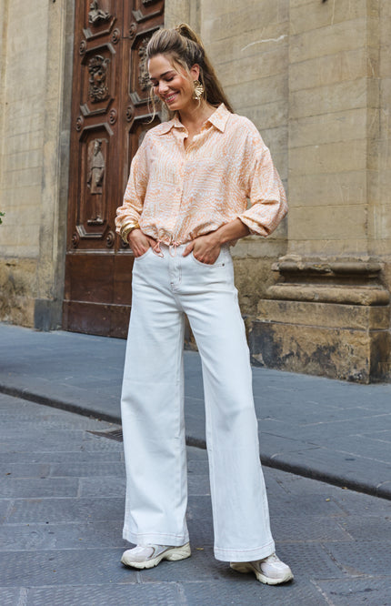 EsQualo Blouse Elastic Bottom Waves Print SP26.10020 Stretchshop.nl