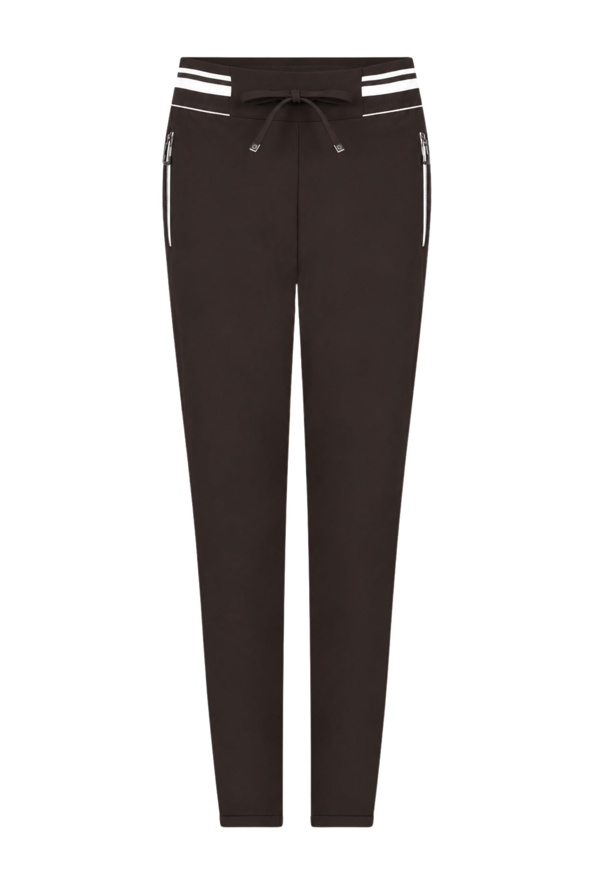 Zoso Karlijn reisbroek in espresso offwhite, lichtgewicht en comfortabel, met stijlvolle pasvorm en elastische tailleband.