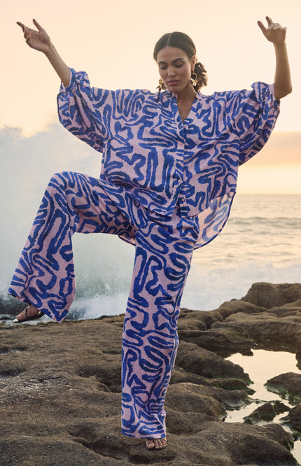 POM Amsterdam Broek Waves Pink Linen Multi Colour SP9563 Stretchshop.nl