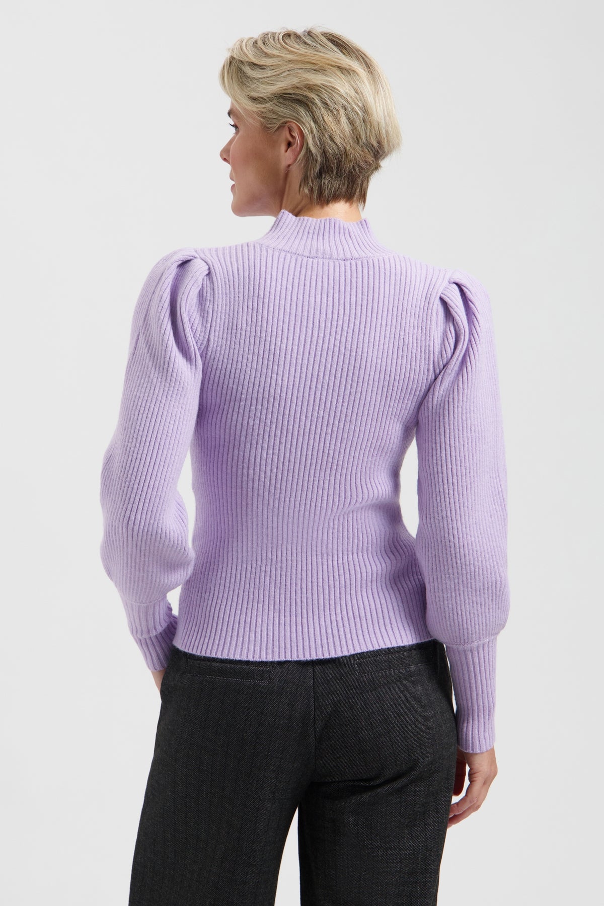 Lady Day Debby Ice paarse top, modieus en stijlvol, met ronde hals en korte mouwen, gedragen door een model.