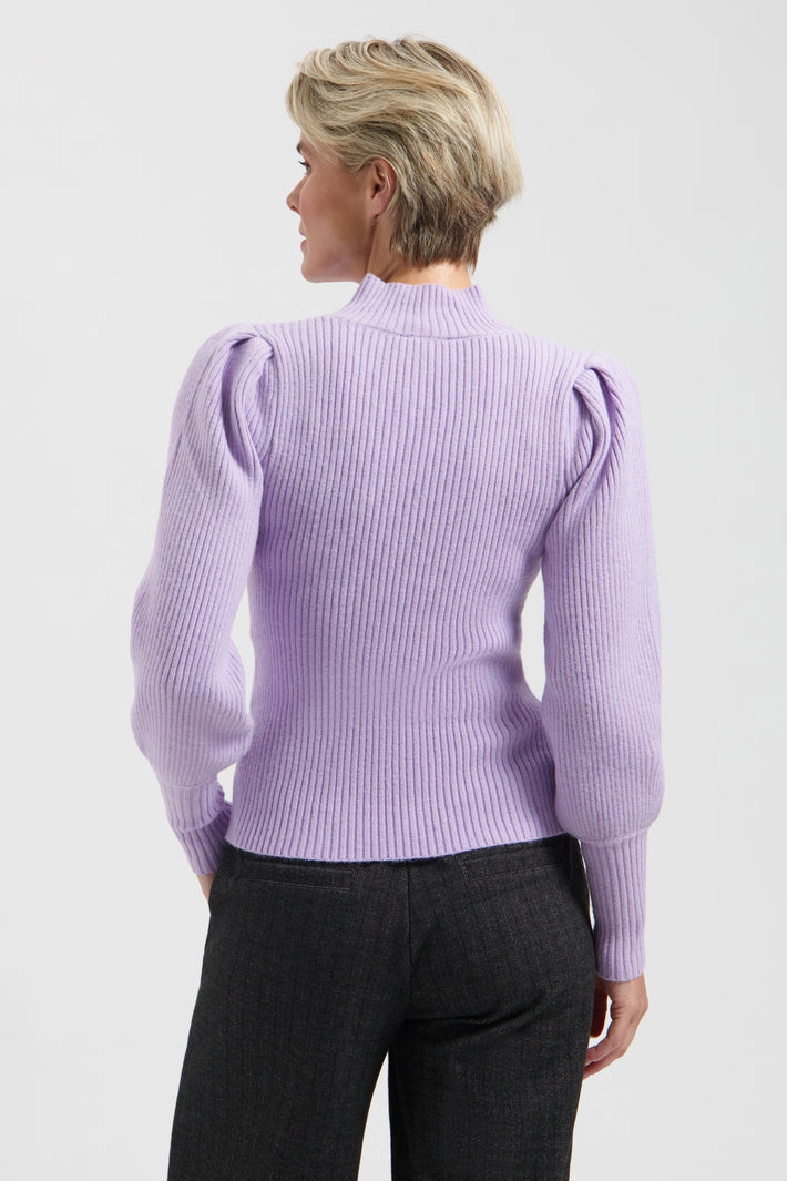 Lady Day Debby Ice paarse top, modieus en stijlvol, met ronde hals en korte mouwen, gedragen door een model.