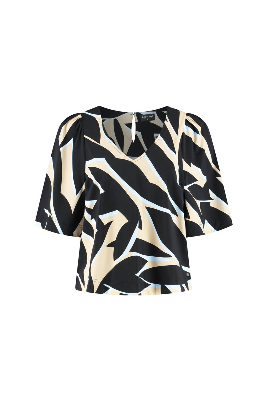Reis-top van Lady Day met Jason Leya print, lichtgewicht en comfortabel, met kleurrijke patronen en een casual pasvorm.