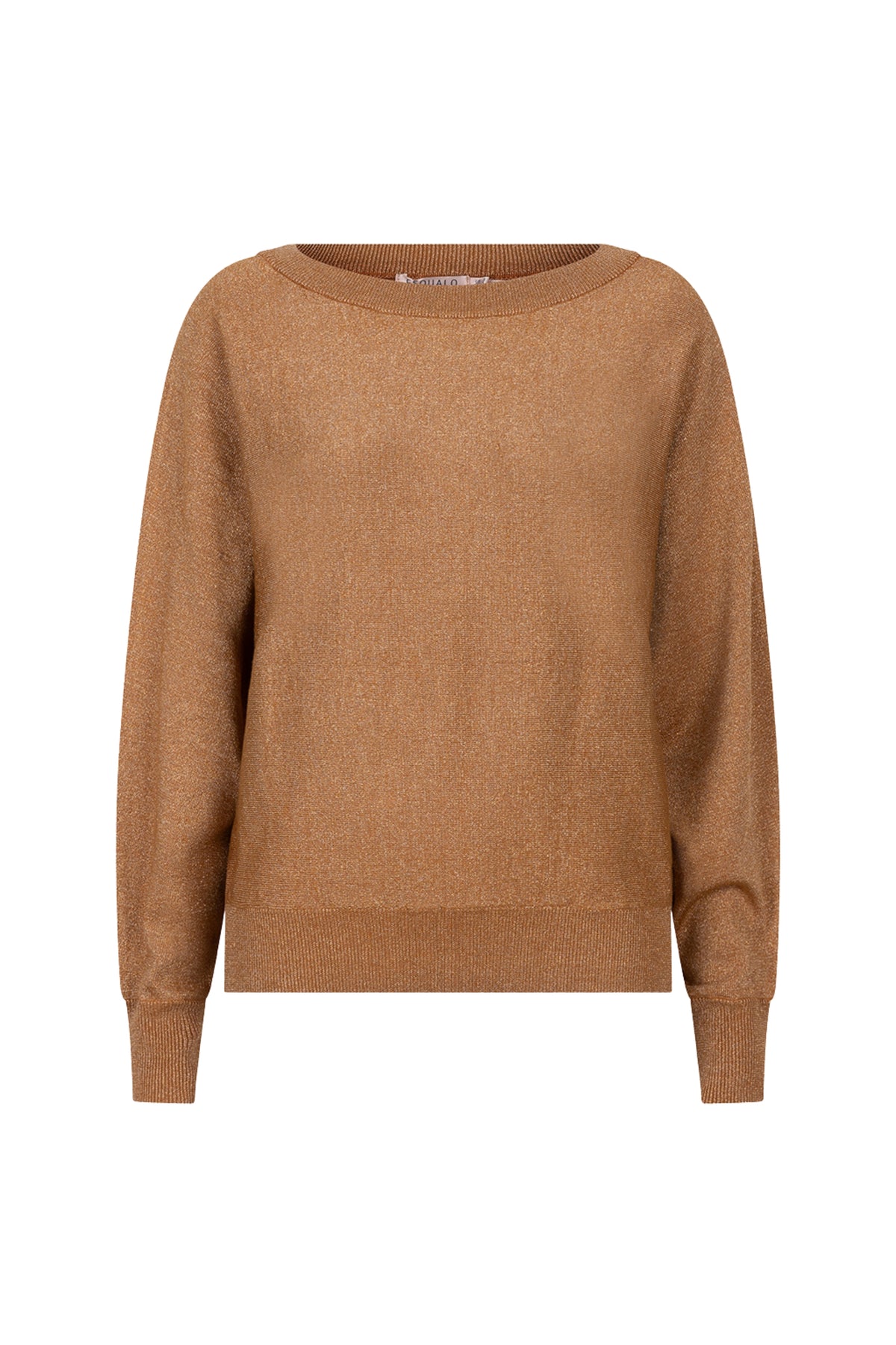 Caramel batwing lurex sweater van EsQualo met glanzende details en comfortabele pasvorm, zichtbaar op de foto.