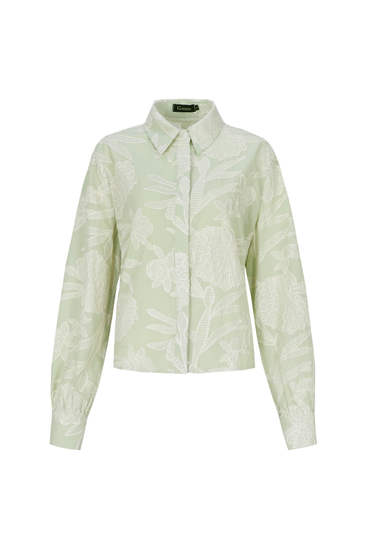 G-maxx blouse Kimberly Light Moss Sand met lange mouwen en losse pasvorm, gedragen door een model.